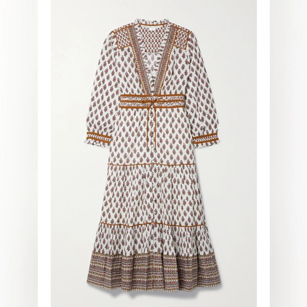 Veronica Beard Alessandra Tiered Floral Cotton Midi Dress in Brown Sz:Medium